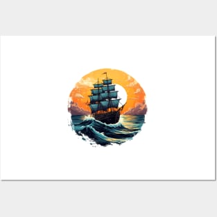 A vintage looking ship sails across the giant waves in a sunset enviornment 2 Posters and Art